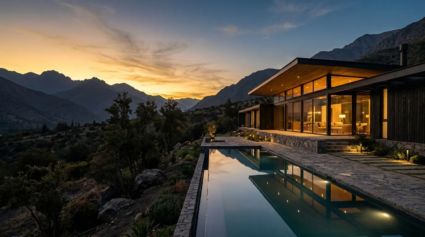 Casa contemporánea al atardecer en Santa Elena de Chicureo