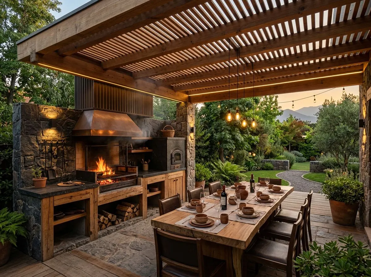 Quincho con parrilla y pérgola de madera en Chicureo